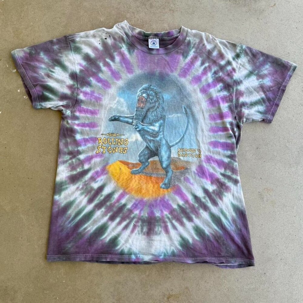 VINTAGE 90s THE ROLLING STONES BRIDGES TO BABYLON WORLD TOUR TIE DYE BAND TEE